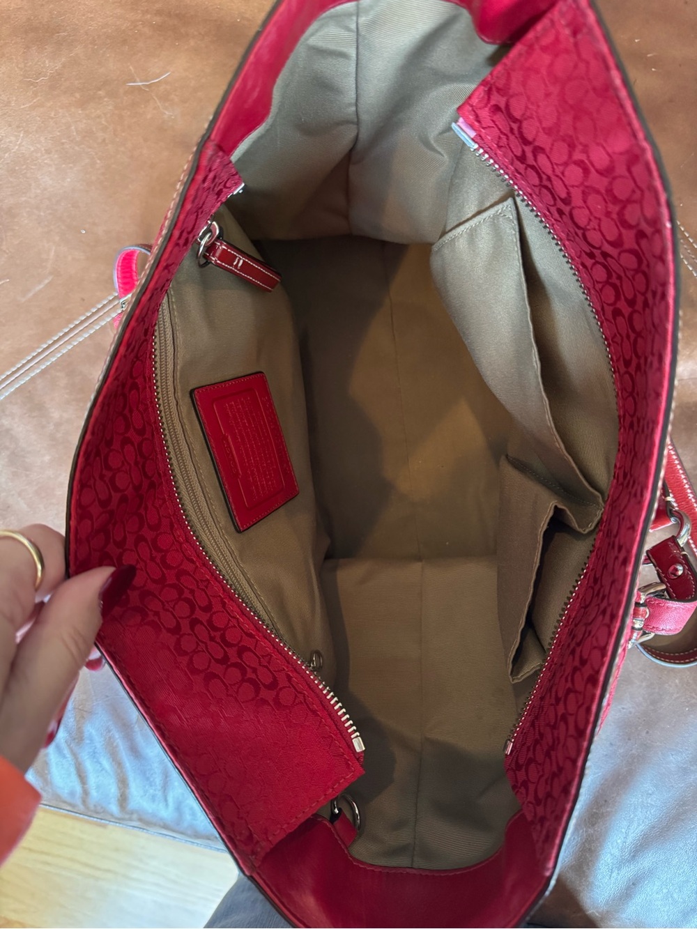 Coach Red Signature Tote with Leather Accents - Picture 4 of 5